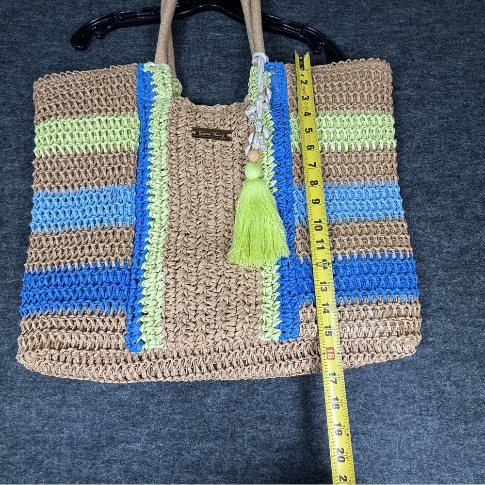Shore Thing Woven Straw Beach Tote Bag‎ Striped Blue Lime Green Shell Tassel - Picture 12 of 12